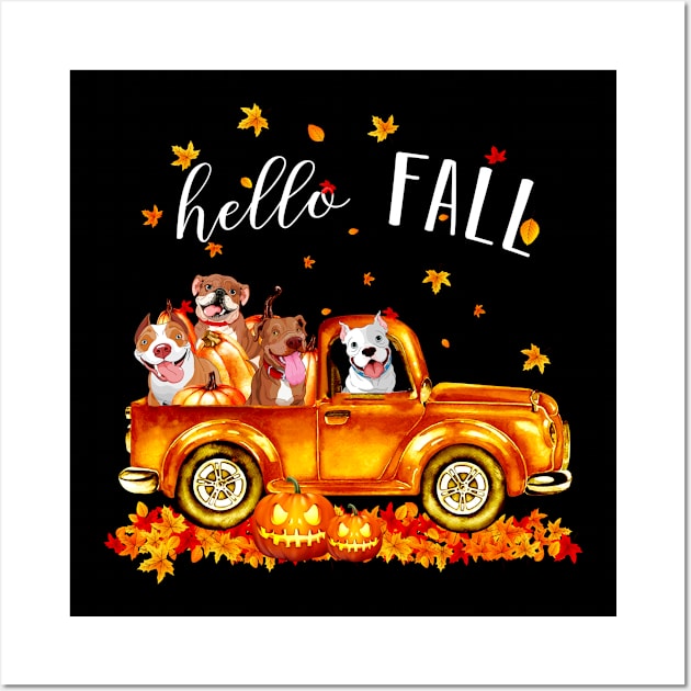 Pitbulls Hello Fall - Pitbulls In Car Pumpkin Halloween T-shirt Pitbulls Autunm Gift Wall Art by kimmygoderteart